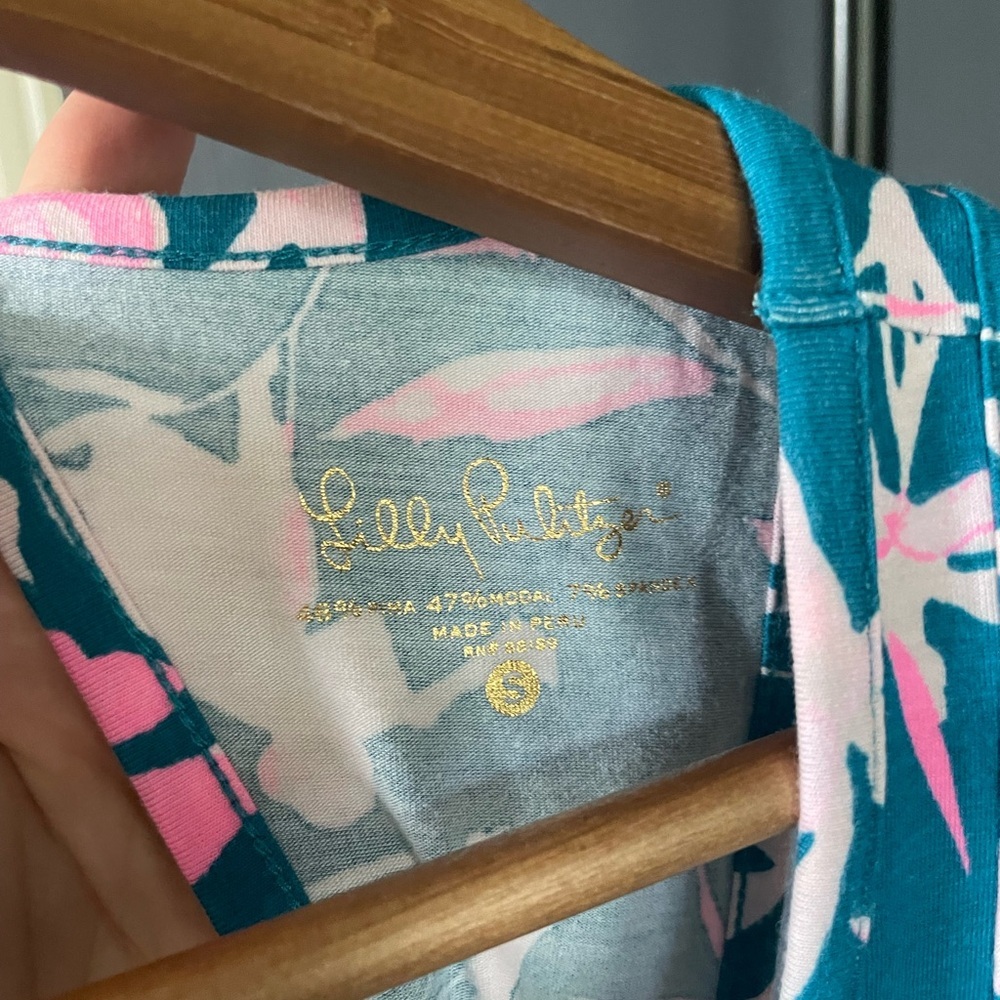 Lilly Pulitzer Teal & Pink Sleeveless Scoopneck Tropical Floral Tank, Tassel Tie - Picture 10 of 10